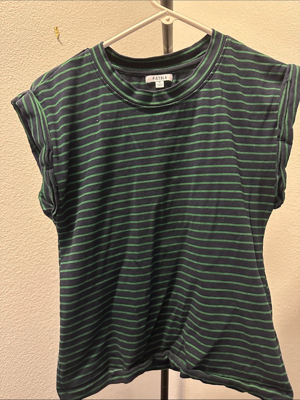 Pistola M Navy Green Striped Ruffle Sleeve Tee Top